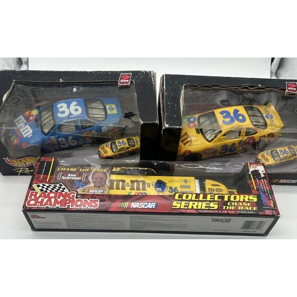 KEN SCHRADER #36 M&M'S NASCAR LOT TRANSPORTER & CARS W/MATCHING MINIS